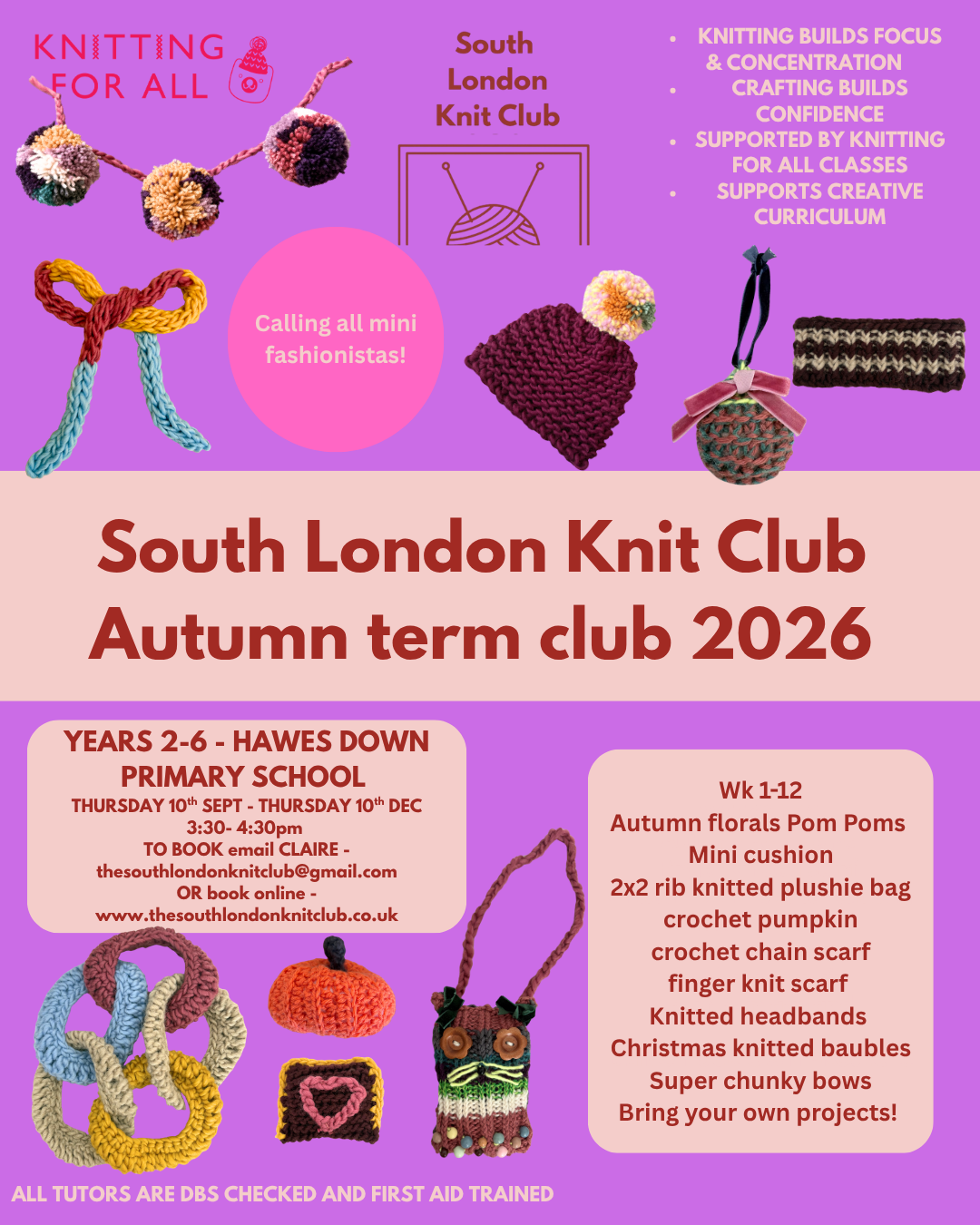 Autumn Winter Term 2026 Hawes Down Primary school Thursday 10th September - Thursday 10th December 3:30-4:30pm