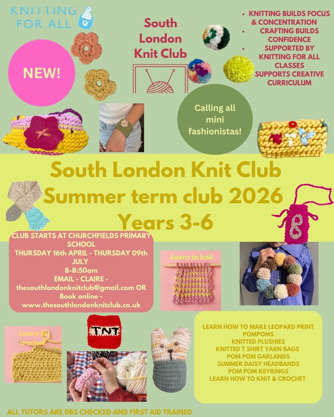 Churchfields Primary School -Summer Term Knit Club - Thursday 16.04 - Thursday 09.07 8-8:50am