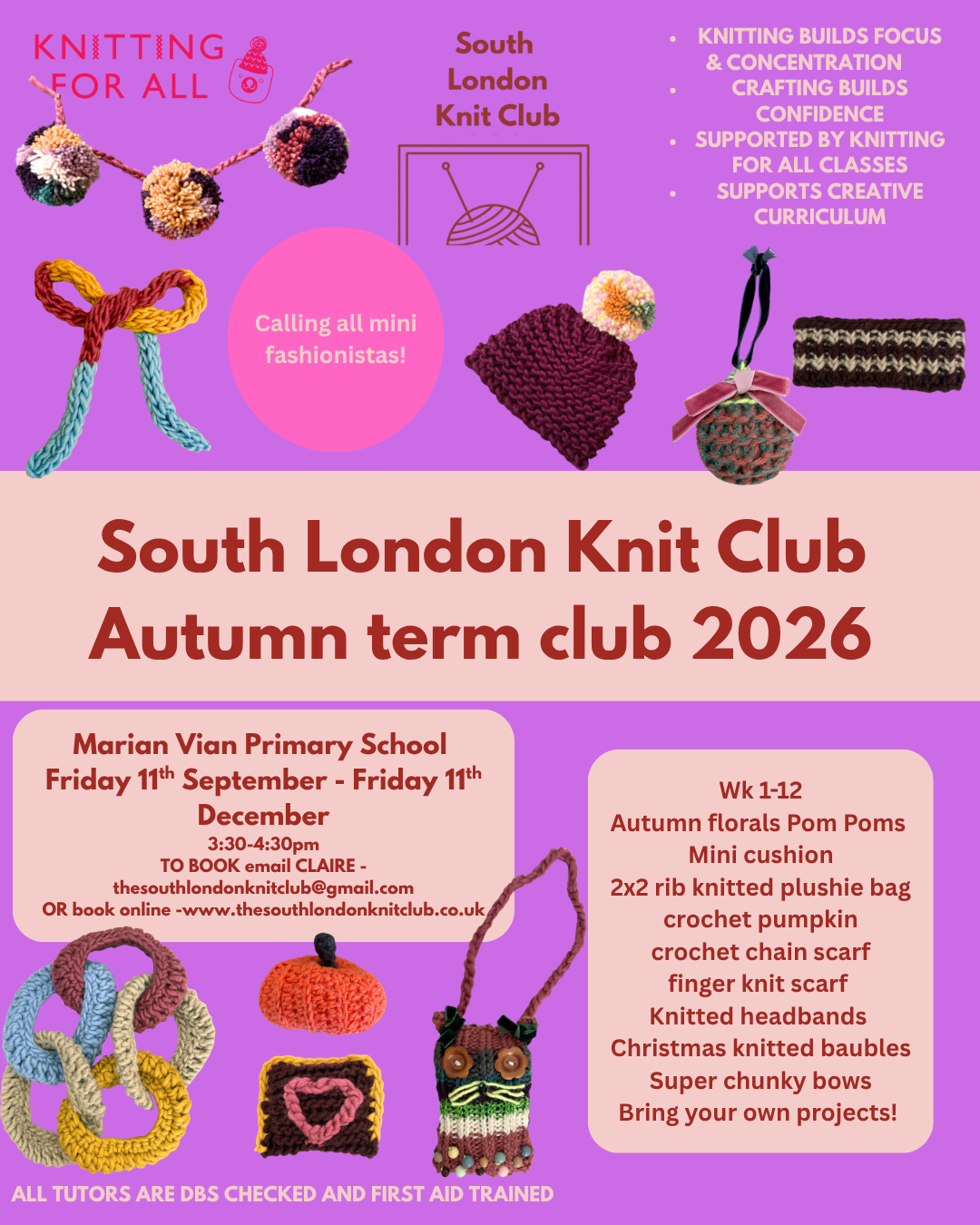 Autumn Term 26 Marian Vian Primary School Friday 11th September - Friday 11th December 3:30-4:30pm