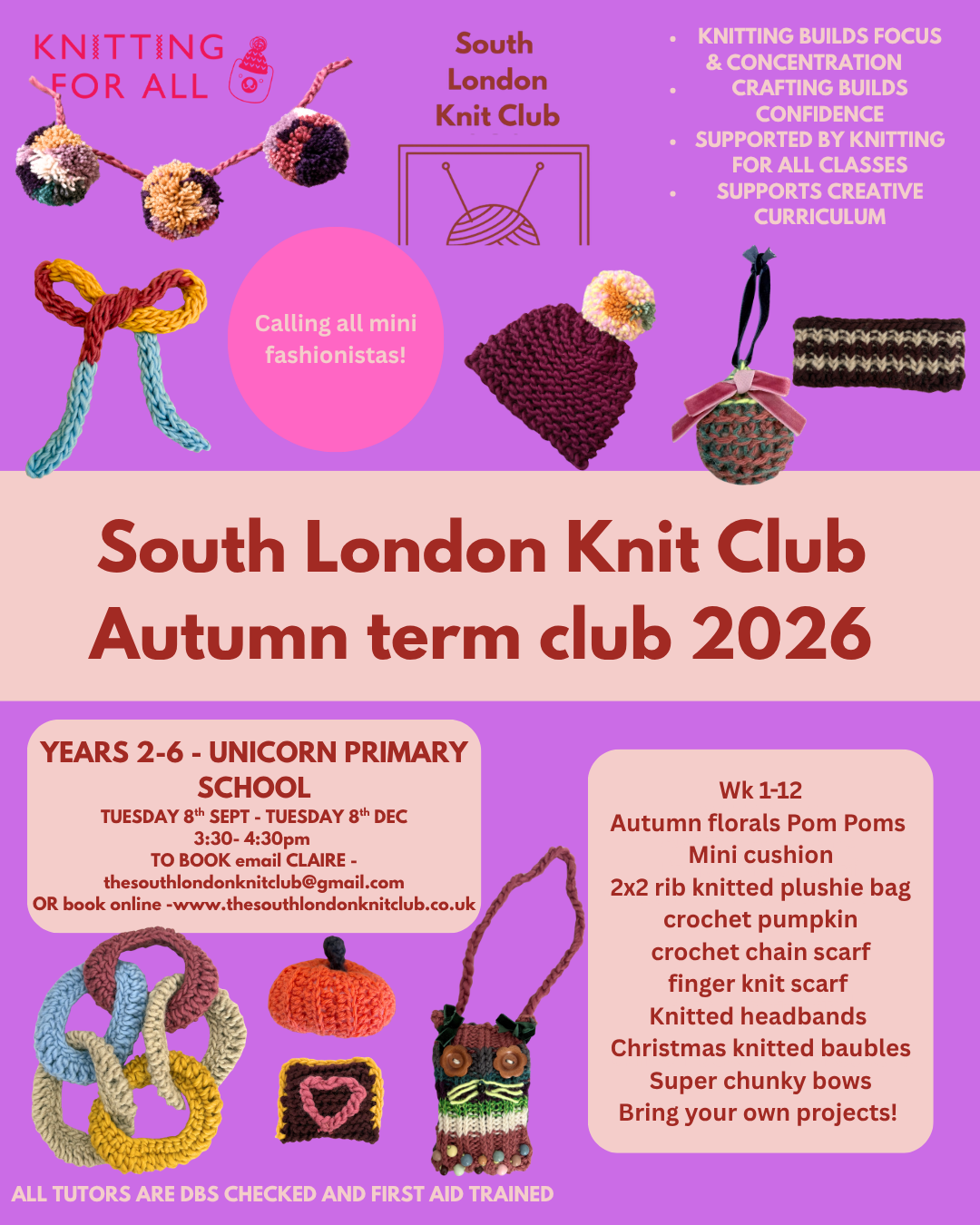 Autumn Term Knit Club 2026 - Unicorn Primary school only Tuesday 8th September - Tuesday 8th December 3:30-4:30pm