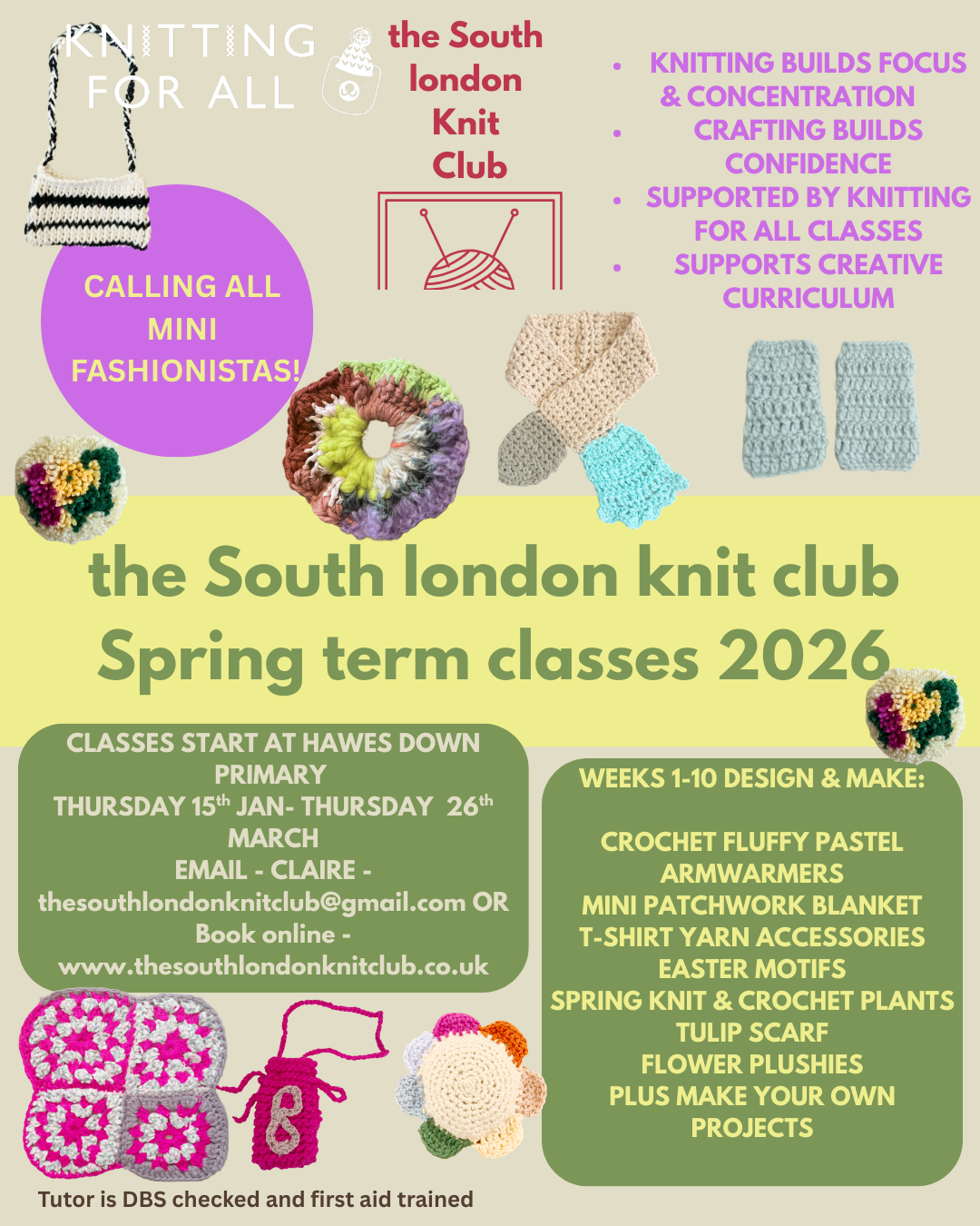 SPRING 26 Knit Club classes - HAWES DOWN PRIMARY SCHOOL - THURSDAY 15th JAN - THURSDAY 26th MARCH