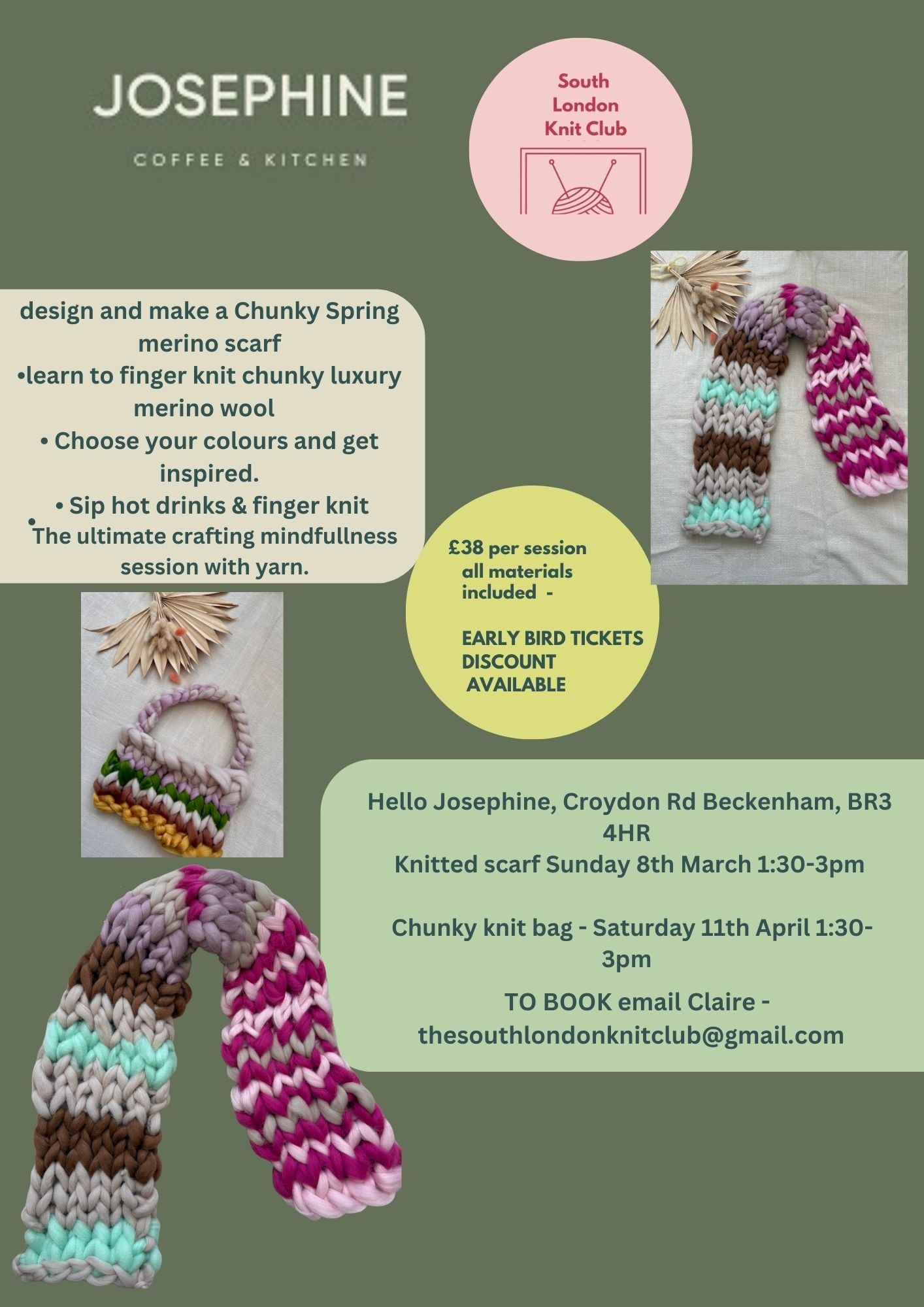 Hello Josephine - Chunky merino Spring scarf workshop Sunday 8th March 1:30-3pm